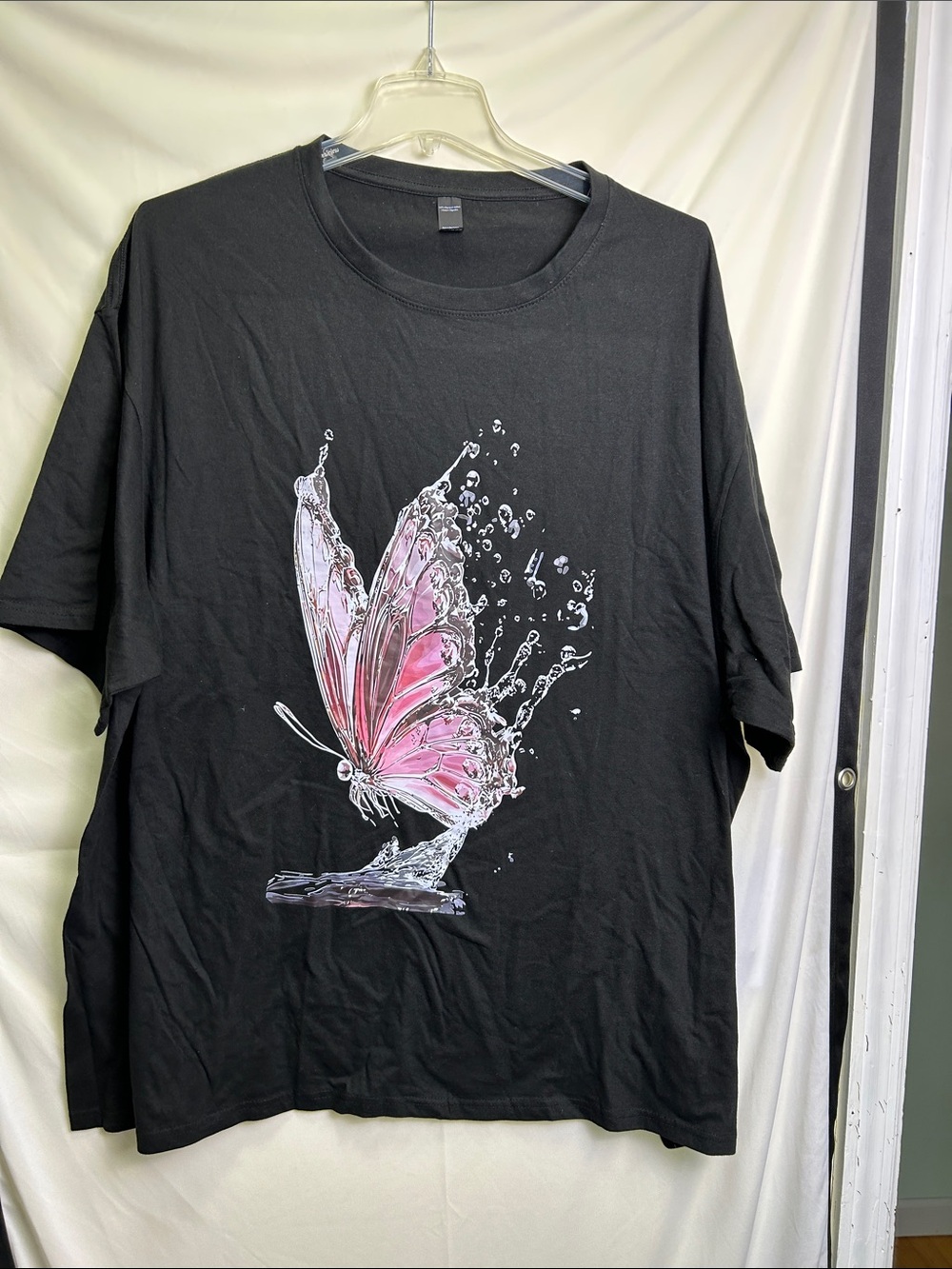 Women’s Black Short-Sleeve Tee with Pink Butterfly Graphic